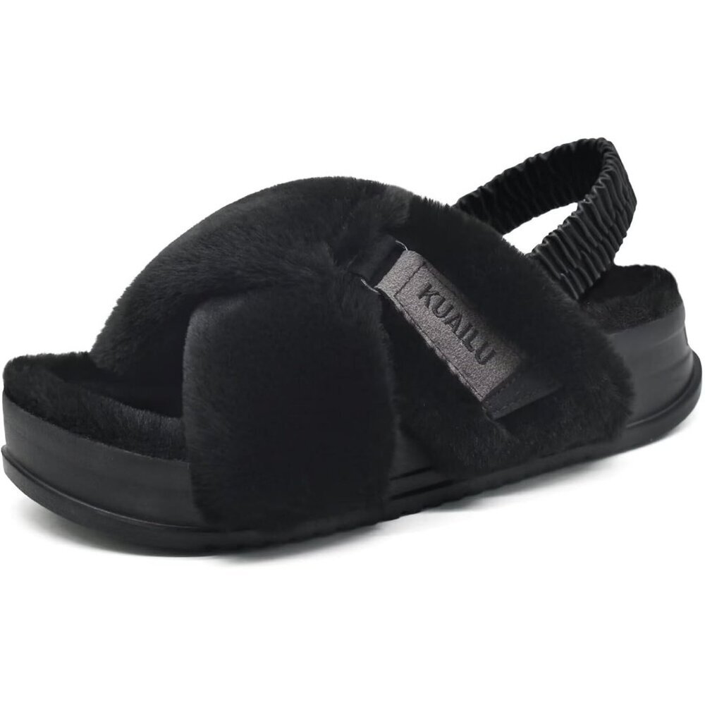 Women's Fleece Fuzzy Fur Criss Cross Open Band Cozy Slippers Black Shoes